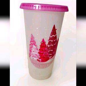 Starbucks Pink Red Christmas Tree Collectible Coffee Glass Cup with Lid 24 Oz.